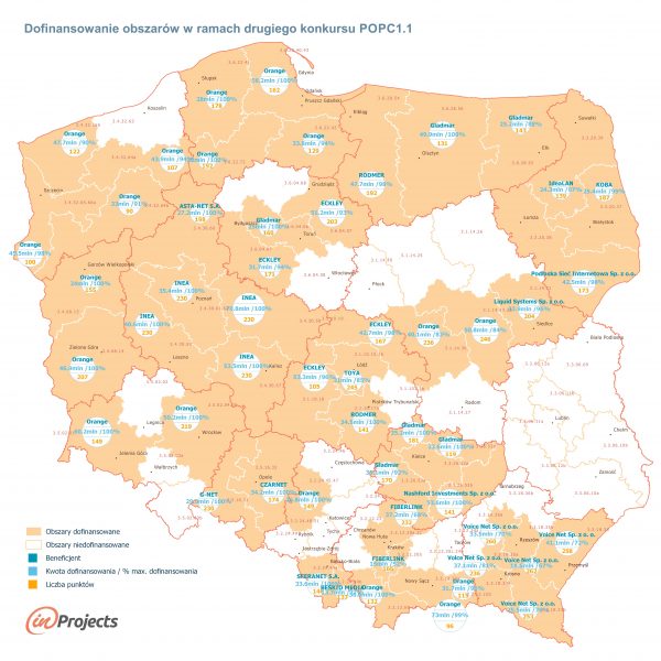 Mapa Polski z naniesionymi wynikami 2. konkursu POPC 1.1